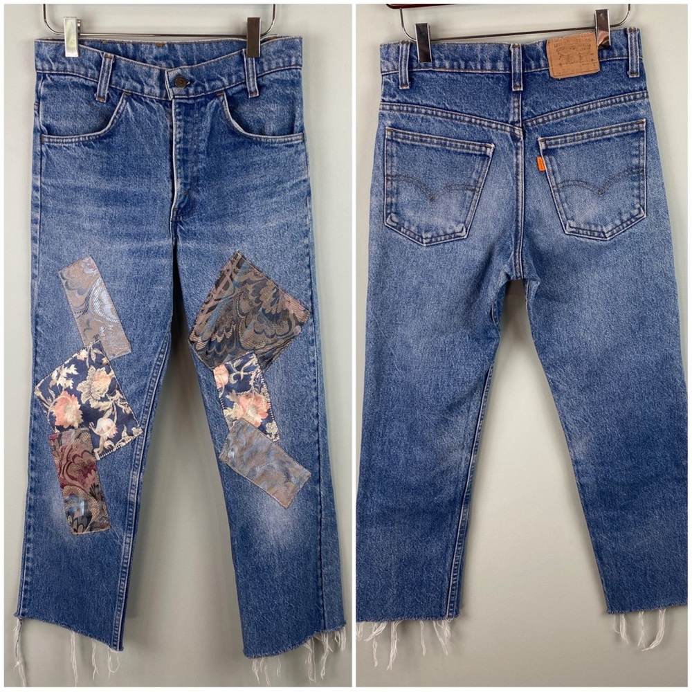 Vintage Reworked orange tab 510 Levi’s jeans, patchwork raw cut hem fits like 24